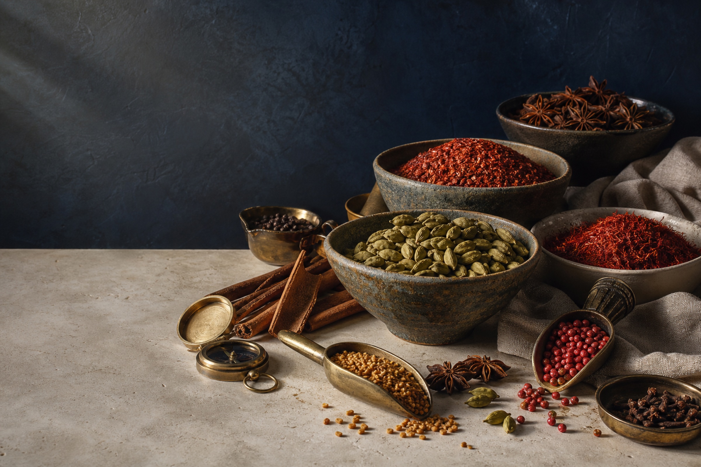 Historic merchant ship motif and global spice sourcing